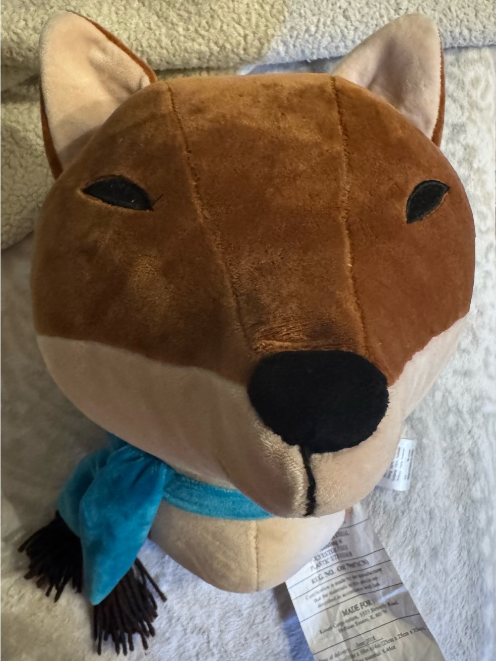 Piper Kids Plush Fox Head in Brown with Blue Scarf